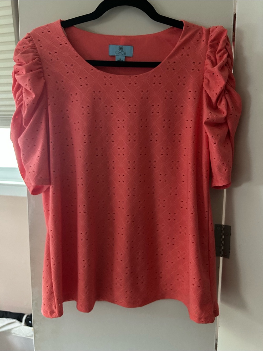 CeCe Coral Eyelet Puff-Sleeve Top
